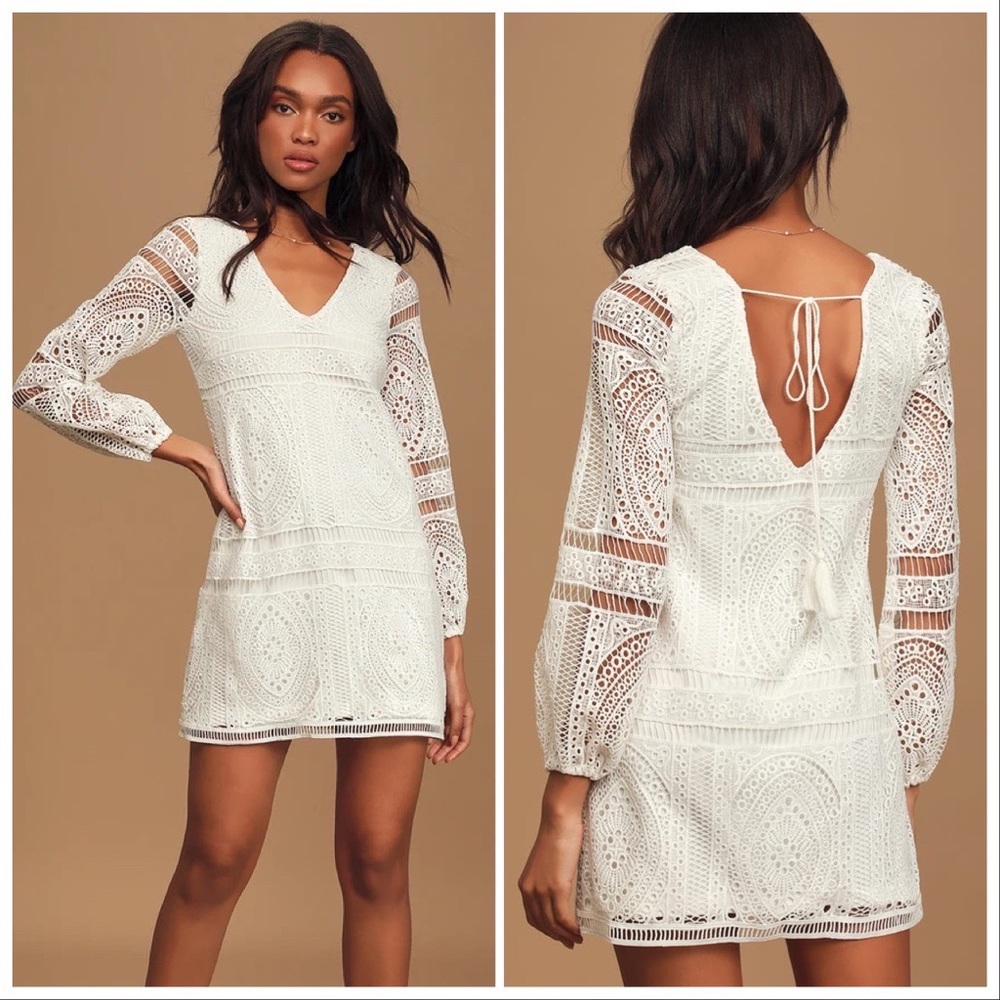 Lulus Til The End Of Time White Lace Long Sleeve Summer Mini Shift Dress Sz XS